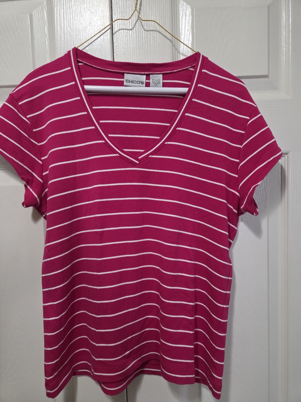 Chico's Pink & White Striped V-Neck Tee - EUC - Size 1